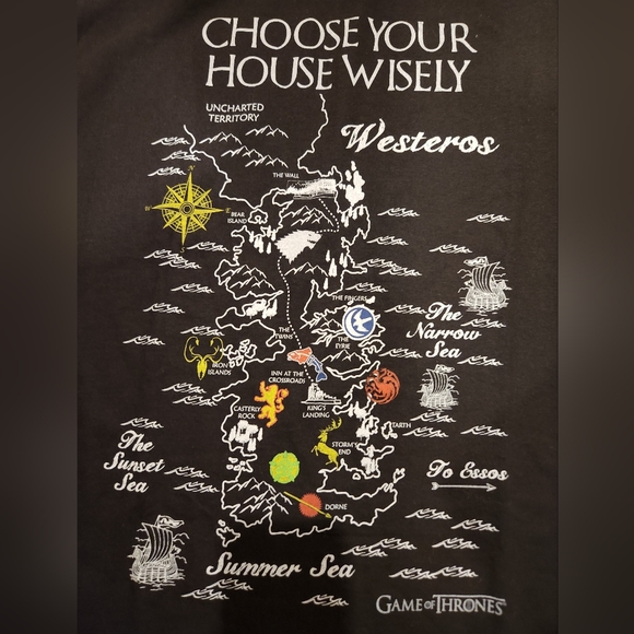 Game of Thrones T-Shirt "Choose Your House Wisely" on Front with Map NWOT - Picture 8 of 10